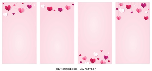 Pink hearts decoration. Valentine's day frame, border. Wedding string ornaments on pink background. Mother's day garland. Vertical format for social media. Vector.