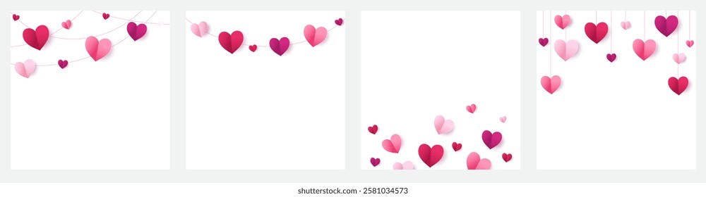 Pink hearts decoration. Valentine's day frame, border. Wedding string ornaments isolated. Mother's day garland. Square format for social media. Transparent background in vector file.