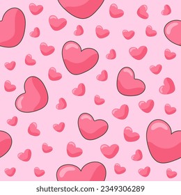 Pink hearts of different sizes on a light pink background. Seamless pattern. Valentine's day. Backgrounds and printing on fabric. Label and packaging. Vector illustration.