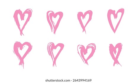 Pink hearts doodle collection, hand drawn Valentine's Day heart icons, hand drawn collection of grunge Valentine pink hearts on white background, love design elements for Mother's Day, Valentine's Day