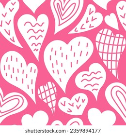 Los corazones rosados hacen garabatos sin fisuras. Corazones ondulados dibujados a mano texturizada. El amor rosado es un fondo sin fisuras. Repetir ilustración vectorial.