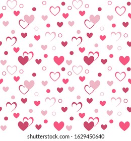 Pink hearts, dots and circles, background for Valentines Day, Wedding invitations, Save the date. Seamless pattern. Vector isolated painting art