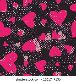 Pink hearts and dots on black backdrop. Girlish seamless texture. Abstract vector background for web page, banners backdrop, fabric, home decor, wrapping, Valentines day design