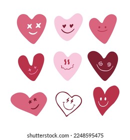 Pink hearts with emotions set. Different shaped hearts isolated on white background. Valentine's Day. Clipart. Vector illustration