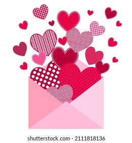 Pink hearts in envelope, vector illustration on white background. Valenines day, love, romantic image.