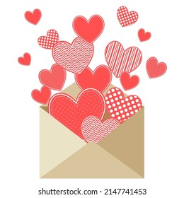 Pink hearts in envelope, vector illustration on white background. Valenines day, love, romantic image.