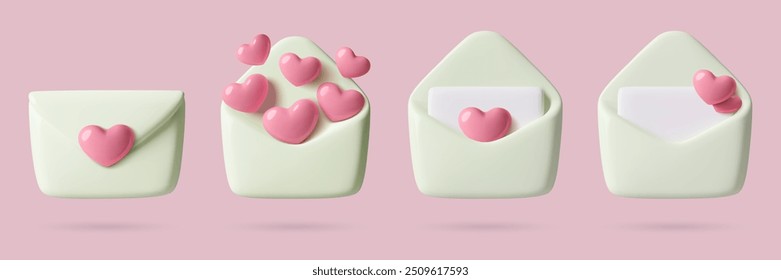 Corazones rosados en sobres colección de emoji de Vector 3d. Iconos románticos y del correo del amor en estilo plástico lindo tridimensional moderno 