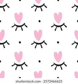 Pink hearts and eyelashes hand drawn seamless pattern	
