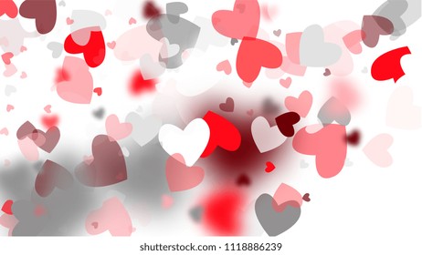  Pink Hearts Falling on White Background. Illustration with Pink Hearts for your Design.  Valentines Background for Greeting Card, Invitation, Banner, Wallpaper, Flyer. Vector illustration.