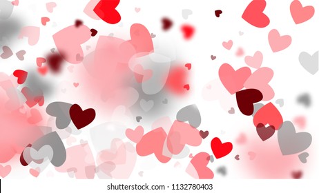  Pink Hearts Falling on White Background. Illustration with Pink Hearts for your Design.  Valentines Background for Greeting Card, Invitation, Banner, Wallpaper, Flyer. Vector illustration.