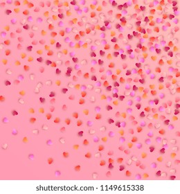  Pink Hearts Falling on White Background. Illustration with Pink Hearts for your Design.  Valentines Background for Greeting Card, Invitation, Banner, Wallpaper, Flyer. Vector illustration.