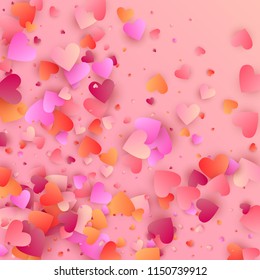  Pink Hearts Falling on White Background. Illustration with Pink Hearts for your Design.  Valentines Background for Greeting Card, Invitation, Banner, Wallpaper, Flyer. Vector illustration.