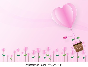 pink hearts flower with flying basket and letter for send to someone on the growth of love concept, empty space for logo and content, Happy Valentine's Day, greeting card design, vector illustration