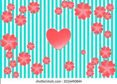 Pink hearts and flowers on a striped background. Vector illustration for Valentines, Wedding, Greeting Card 