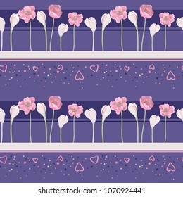 Pink hearts and pink flowers on violet background
