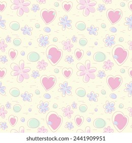 Pink hearts and flowers on a yellow background Vector seamless pattern in doodle style