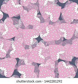 Pink hearts in the form of a strawberry. Snow background. Vector illustration.