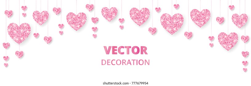 Pink hearts frame, border. Vector glitter isolated on white. Great for decoration of Valentine and Mothers day cards, wedding invitations, party posters and flyers, website and social media headers.