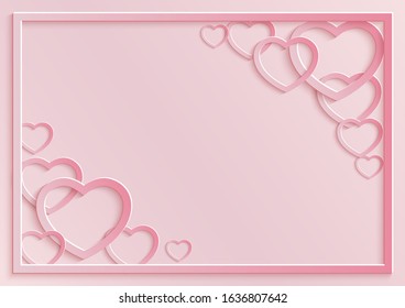Pink hearts and frame paper cut out style . Love symbol for happy valentines day, mothers day, womens day greeting card 