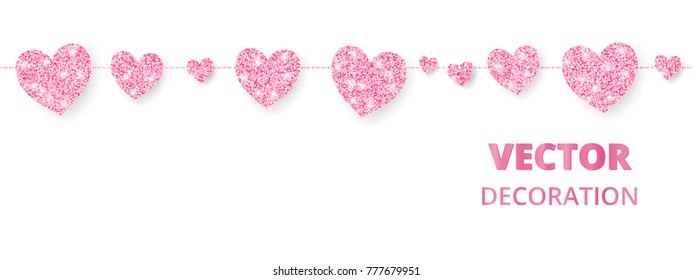 Pink hearts garland, seamless border. Vector glitter isolated on white. Great for decoration of Valentine and Mothers day cards, wedding invitations, party posters and flyers, website headers.