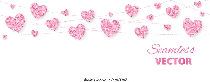 Pink Hearts Garland, Seamless Border. Vector Glitter Isolated On White. Great For Decoration Of Valentine And Mothers Day Cards, Wedding Invitations, Party Posters And Flyers, Website Headers.