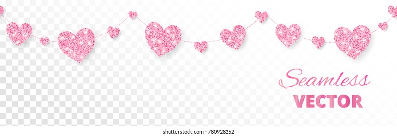 Pink hearts garland, seamless border. Vector glitter isolated on white. Great for decoration of Valentine and Mothers day cards, wedding invitations, party posters and flyers, website headers.