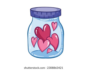 Pink hearts in glass jar with purple lid vector illustration isolated on white horizontal background. Simple and flat outlined cartoon romantic drawing. Love and romance themed artwork.