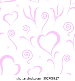 Pink hearts, grass and swirls on a white background. Abstract seamless pattern. Hand drawing swirl background. Vector illustration swirl. Valentines Day card. Girl and women abstract swirl background.