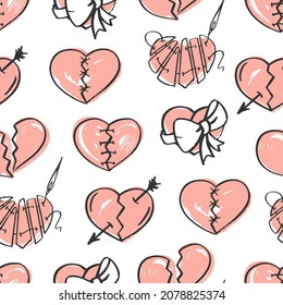 Pink hearts hand-drawn seamless pattern. Ideal for wallpaper, fill pattern, web page background, surface texture.Vector illustration.