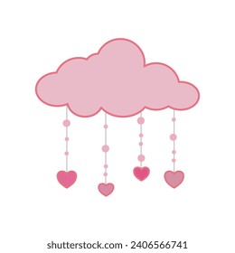 Pink hearts hanging on a string with pink cloud