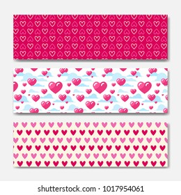 Pink Hearts Horizontal Banners Set Decoration For Valentines Day Holiday Poster Or Web Background Design Vector Illustration