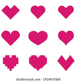 Pink hearts icons set for your design template. For 14 February. Different style heart rounded and pixel shape. Love icon. Valentine sign. Vector.

