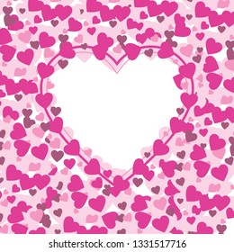 Pink Hearts illustration with frame for text. Valentine's day and Mother's day, women's day greeting card with border - pink, red colors. Banner, invitation or label