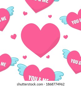 pink hearts with inscriptions and wings On a white background. Valentine's day, love, fun time concept. vector seamless pattern background