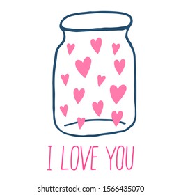 Pink hearts in a jar vector simple flat illustration. Happy Valentine's day vector doodle illustration for design and decor.