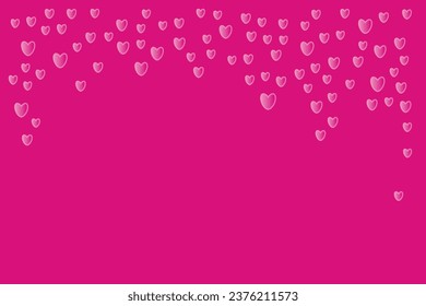 Pink hearts like confetti falling from top to bottom forming frame Free space design text Tender romantic background Wedding birthday Winter holidays Magenta mood Greeting card Invitation Banner party