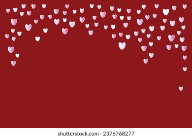 Pink hearts like confetti falling from top to bottom forming frame Free space design text Tender romantic background Wedding birthday Winter holidays Magenta mood Greeting card Invitation party Red 