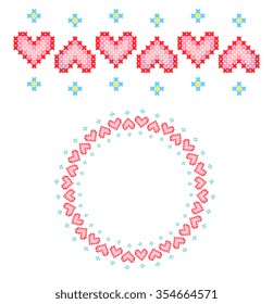 pink hearts like cross-stitch embroidery and round from it