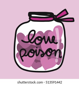 Pink hearts in love poison jar cartoon illustration