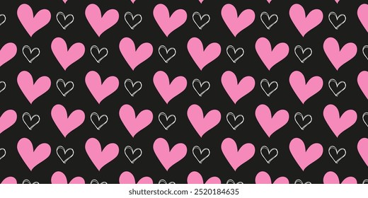 Pink hearts on dark background seamless pattern. Sweet love. Valentine's day cute backdrop texture, wallpaper. Romantic wedding. Mother's day.