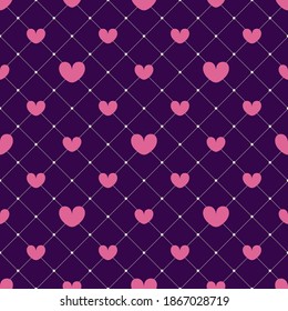 Pink hearts on a dark mesh background seamless pattern. Valentine's day design, invitation cards, wrapping paper, textiles, wedding decorations.