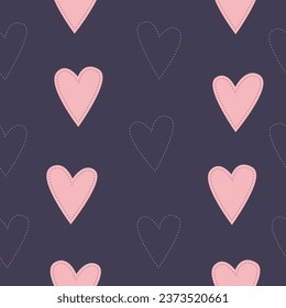 pink hearts on a dark purple background, seamless pattern with hearts