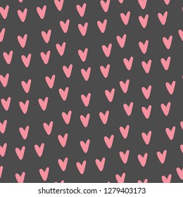 Pink hearts on a gray background. Girlish uneven seamless pattern. Valentine's Day. Vector hand drawn illustration.
