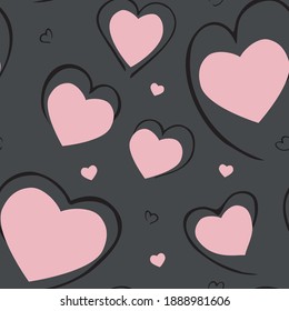 Pink hearts on a gray background for decoration. Stylish seamless pattern for St. Valentine's or weddings. Vector illustration.