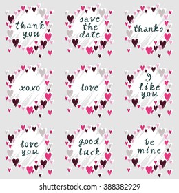pink hearts on gray background messy romantic wedding love feelings sticker note set