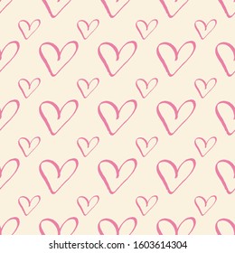 Pink hearts on pastel cream trendy seamless pattern romantic valentine colorful background. Design for wrapping paper, wallpaper, fabric print, backdrop. Vector illustration.