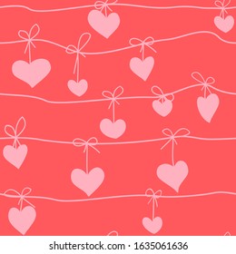Pink hearts on strings: seamless romantic pattern on red. Vector graphics.