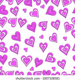pink hearts on white background, seamless pattern. Freehand drawing vector  design.
