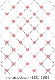 pink hearts on white background with dashed diamond pattern. Ideal for romantic design projects, Valentines Day cards, and wedding invitations.