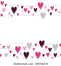 pink hearts on white background messy double horizontal border romantic Valentines Day seamless pattern 